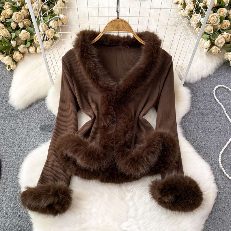 Jackets - เสื้อแจ็คเก็ตขนเฟอร์เทียมสำหรับผู้หญิงไซส์ใหญ่ คอวี แขนยาวทรงบาน ทรงเข้ารูป สไตล์ Y2K
