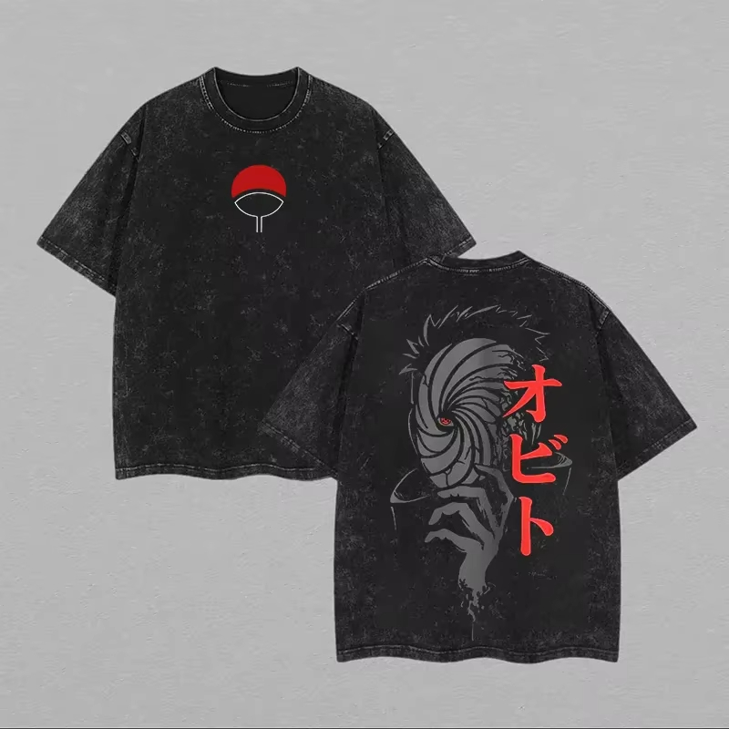 Acid Wash Vintage Graphic T Shirt - เสื้อยืดผู้ชายลาย Naruto Obito Uchiha พร้อมหน้ากาก สไตล์วินเทจ