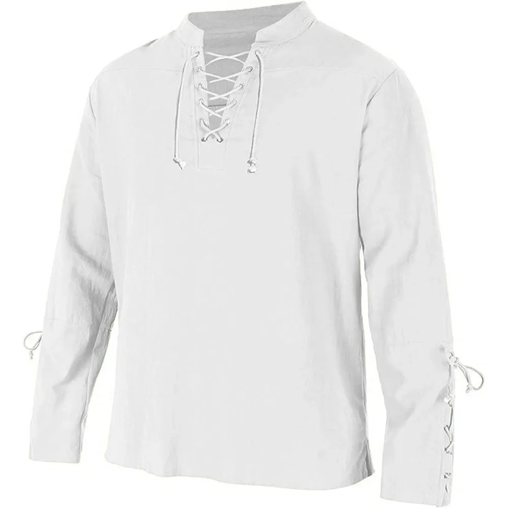 Medieval Gothic Lace Up Pirate Shirt - เสื้อเชิ้ตแขนยาวผูกเชือกคอวีสำหรับผู้ชายเดรสโจรสลัดยุคกลางเครื่องแต่งกายแนวสตรีทสไตล์โกธิคพังก์ฮาโลวีน