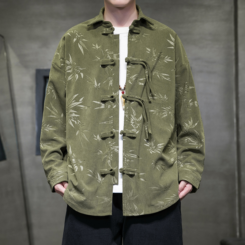 Corduroy Button Up Shirt Men - เสื้อเชิ้ตผู้ชายสไตล์เรโทร ผ้าลูกฟูก คอตั้งแบบดั้งเดิม ติดกระดุมแบบกบ ลายไม้ไผ่ สไตล์จีนโบราณ