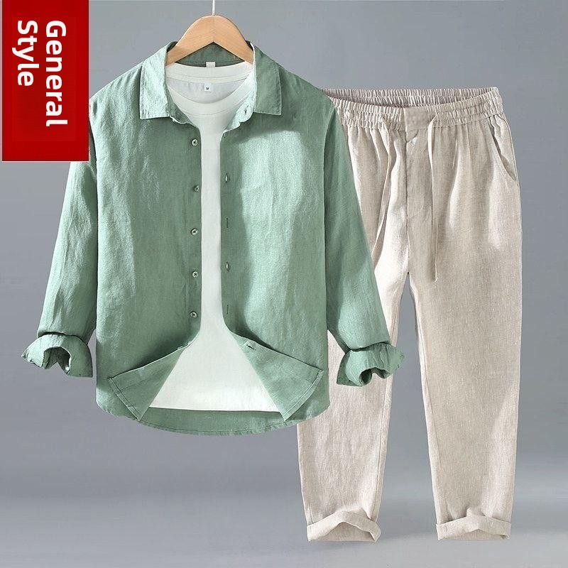 Mens Linen Shirt Long Sleeve - ชุดเสื้อผ้าฝ้ายลินินฤดูร้อน แขนยาว ปกคอปก แขนสั้น กางเกงขายาว ชุดลำลอง