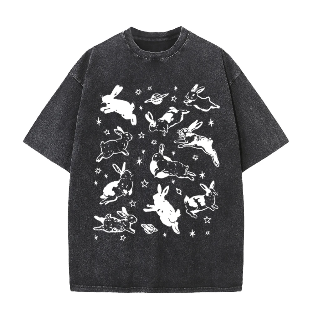 Acid Wash Vintage Graphic T Shirt - เสื้อยืดลายกราฟิกกระต่ายอวกาศ ดาวเคราะห์ ปี 2026 สีดำฟอกกรด สไตล์เรโทร