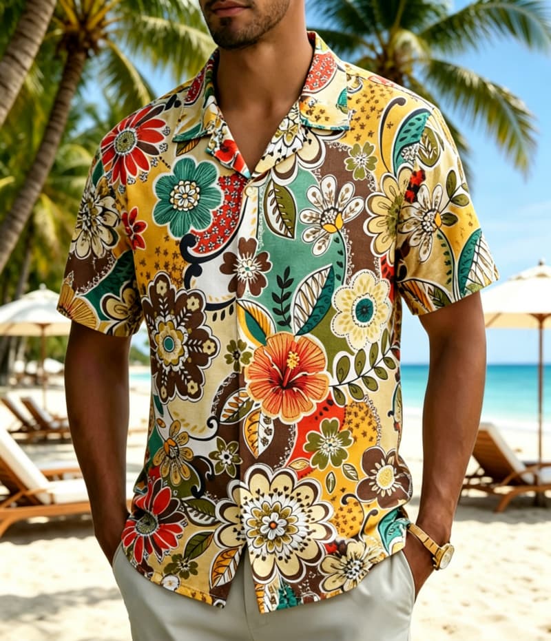 Vintage Hawaiian Floral Shirt - เสื้อเชิ้ตพิมพ์ลายดอกไม้สไตล์โบฮีเมียนวินเทจสำหรับผู้ชาย เหมาะสำหรับวันหยุดฤดูร้อน ท่องเที่ยวชายหาด ออกนอกบ้าน และสวมใส่ลำลอง
