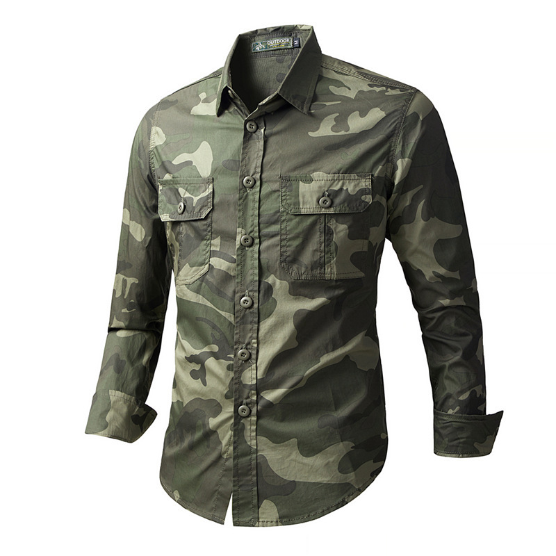 Tactical Military Shirt Cargo - เสื้อเชิ้ตคาร์โก้ผู้ชายสำหรับฤดูใบไม้ผลิและฤดูใบไม้ร่วง เสื้อเชิ้ตทหารลายพรางแขนยาวสำหรับกิจกรรมกลางแจ้ง เสื้อเชิ้ตผ้าฝ้ายทรงหลวมสำหรับเดินป่า