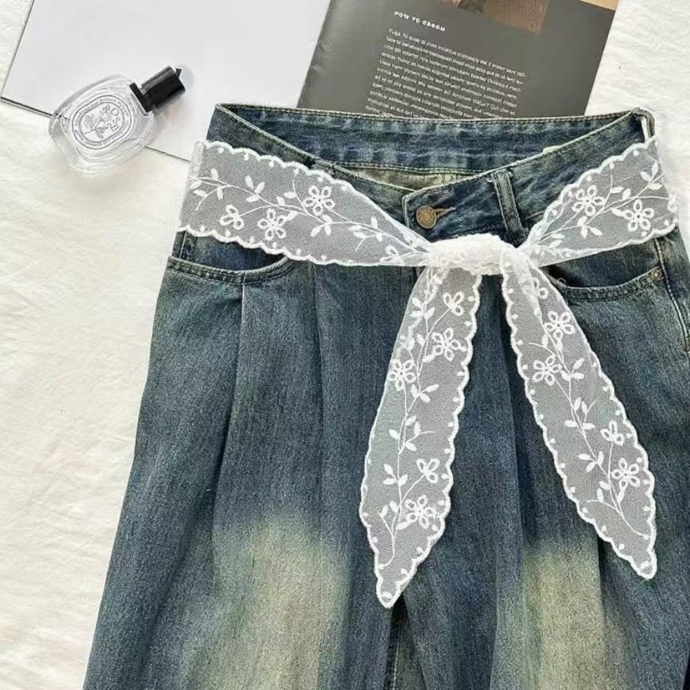 Jeans - เข็มขัดลูกไม้สีขาวหวานสำหรับผู้หญิง ใช้กับกระโปรงยีนส์ ผ้าพันคอริบบิ้น สายผูก เข็มขัดรัด ผ้าพันคอแฟชั่น