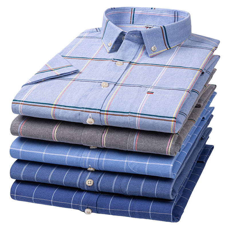Oxford Cotton Casual Shirt Business - เสื้อเชิ้ตผู้ชายแขนสั้นลายสก๊อตลาย Striped ชุดสำนักงานธุรกิจใหม่สบายๆ Slim Fit ชุดเสื้อ