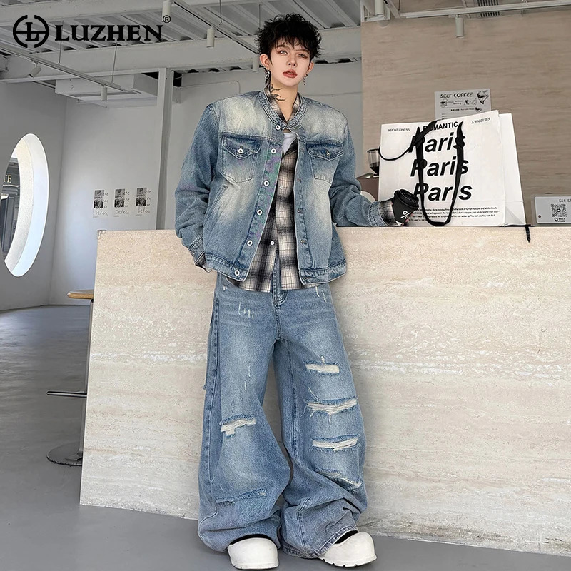 Jeans - LUZHEN 2026 ชุดเซ็ตสองชิ้นผ้าเดนิมวินเทจล้างสีสำหรับฤดูใบไม้ร่วง แฟชั่นผู้ชาย เท่ห์ หลวม