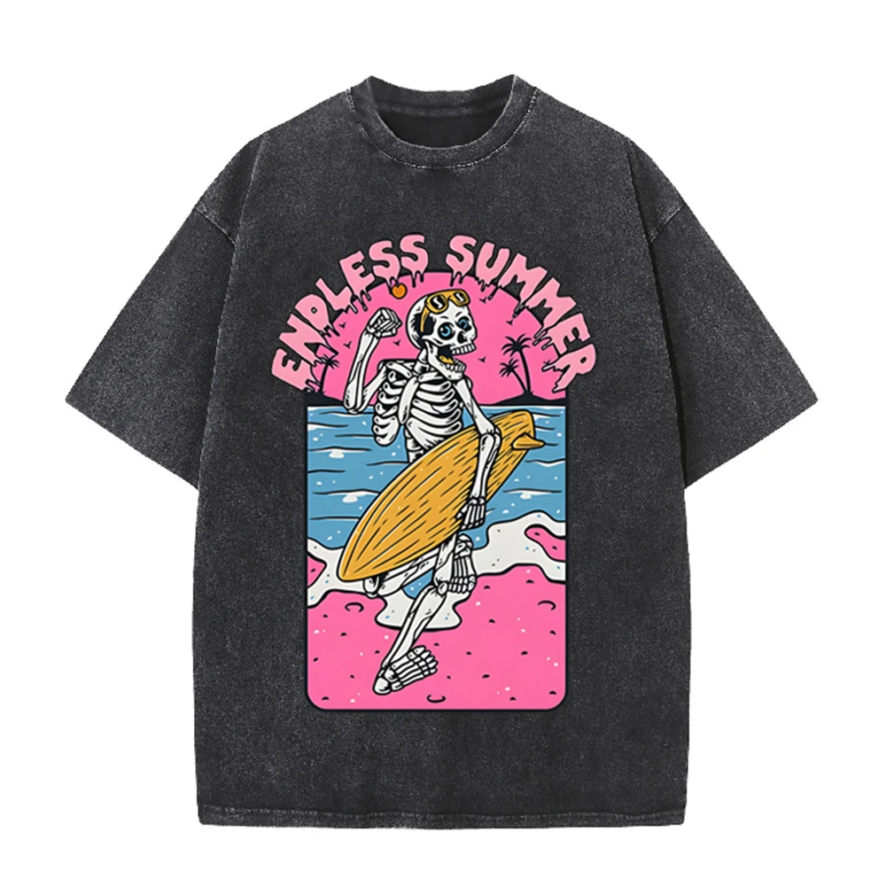 Acid Wash Vintage Graphic T Shirt - เสื้อยืดลายกราฟิกวินเทจปี 2026 ลาย Skeleton Surfer Endless