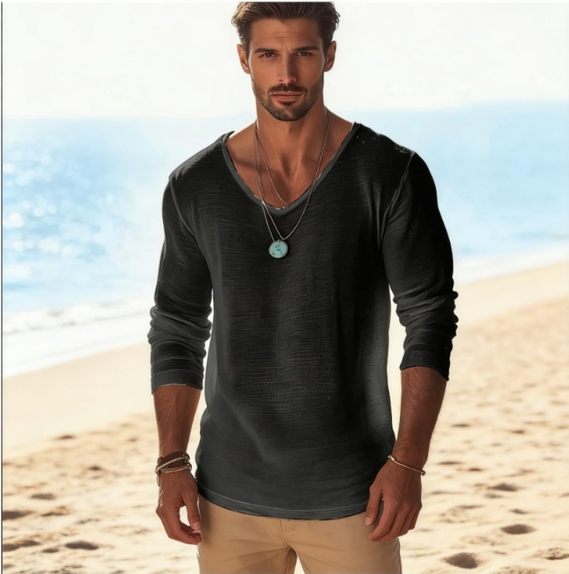 Mens Linen Shirt Long Sleeve - เสื้อยืดแขนยาวคอวีผ้าลินินผสมสไตล์ลำลองสำหรับผู้ชาย ระบายอากาศได้ดี น้ำหนักเบา เหมาะสำหรับใส่ไปชายหาดในฤดูใบไม้ผลิและฤดูใบไม้ร่วง เสื้อสวมหัวแบบสเวตเตอร์ 88
