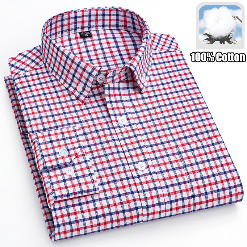 Oxford Cotton Casual Shirt Business - เสื้อเชิ้ตผู้ชายแขนยาวลายสก็อตผ้าฝ้าย 100% ระบายอากาศได้ดี สไตล์ลำลอง ลายทาง เสื้อผ้าผู้ชายทรงปกติสำหรับธุรกิจ