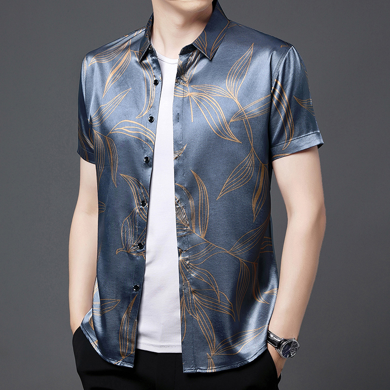 Mens Satin Silk Dress Shirt - ฤดูร้อน2022ผ้าไหมเสื้อผ้าแฟชั่นการพิมพ์แขนสั้นซาตินเรียบชายเสื้อพิมพ์ลายดอกไม้พิมพ์ผ้าไหมชุดเสื้อ