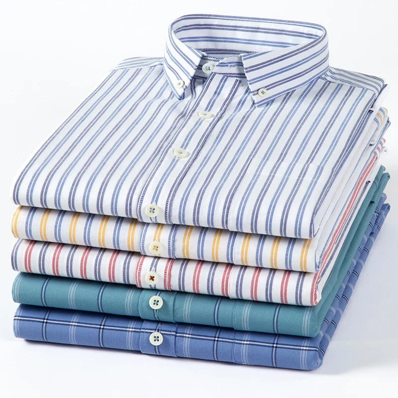 Oxford Cotton Casual Shirt Business - เสื้อเชิ้ตลายสก็อตลายทางผู้ชายผ้าอ๊อกซ์ฟอร์ดผ้าฝ้ายแท้เสื้อเชิ้ตแขนยาวสำหรับผู้ชายเสื้อเชิ้ตธุรกิจลำลองคุณภาพสูงใหม่2023