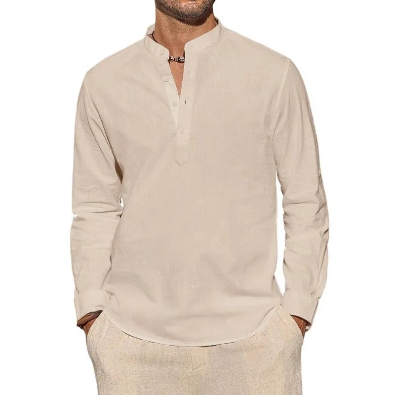 Mens Linen Shirt Long Sleeve - เสื้อยืดแขนยาวผู้ชาย สไตล์ลำลอง น้ำหนักเบา ระบายอากาศดี คอเฮนลีย์ สีพื้น