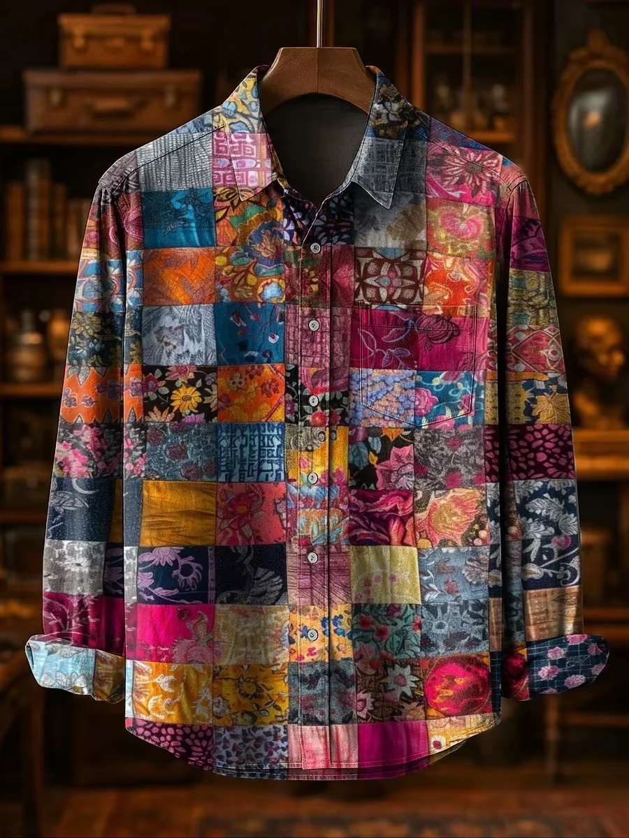Mens Linen Shirt Long Sleeve - เสื้อเชิ้ตผ้าลินินแฟชั่นลำลองสำหรับผู้ชาย ดีไซน์ปะติดลายดอกไม้ พิมพ์ลาย 3 มิติ สไตล์ใหม่