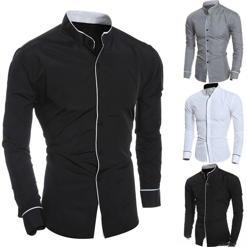 เสื้อเชิ้ตแขนยาวผู้ชายทรงเข้าร - Mandarin Collar Formal Shirt Slim Fit บทวิจารณ์และราคา