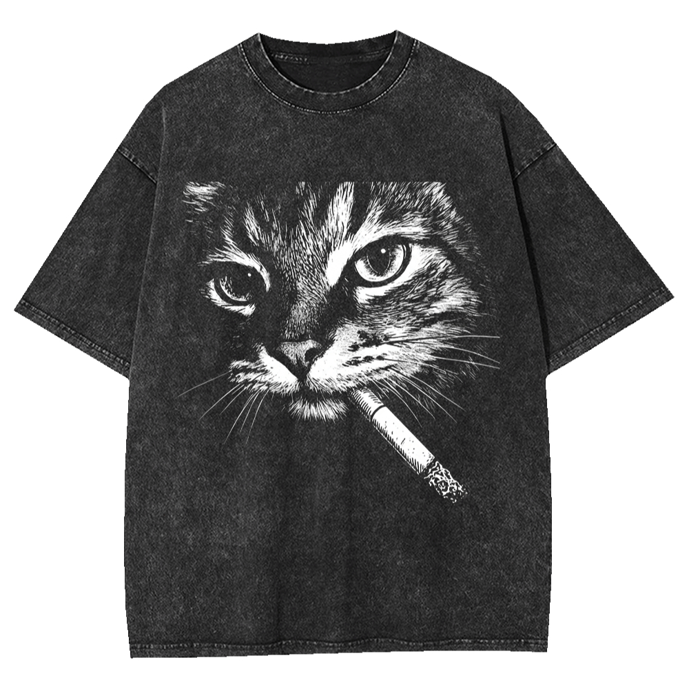 เสื้อยืดวินเทจลายกราฟิกแมวกำลั - Acid Wash Vintage Graphic T Shirt บทวิจารณ์และราคา