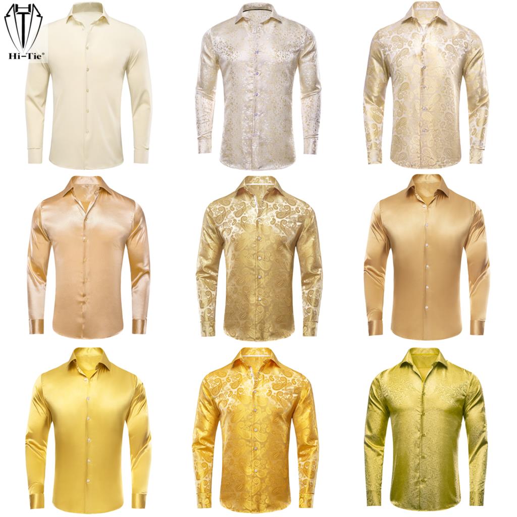 เสื้อเชิ๊ตของผู้ชายผ้าเบจสีทอง - Mens Satin Silk Dress Shirt บทวิจารณ์และราคา
