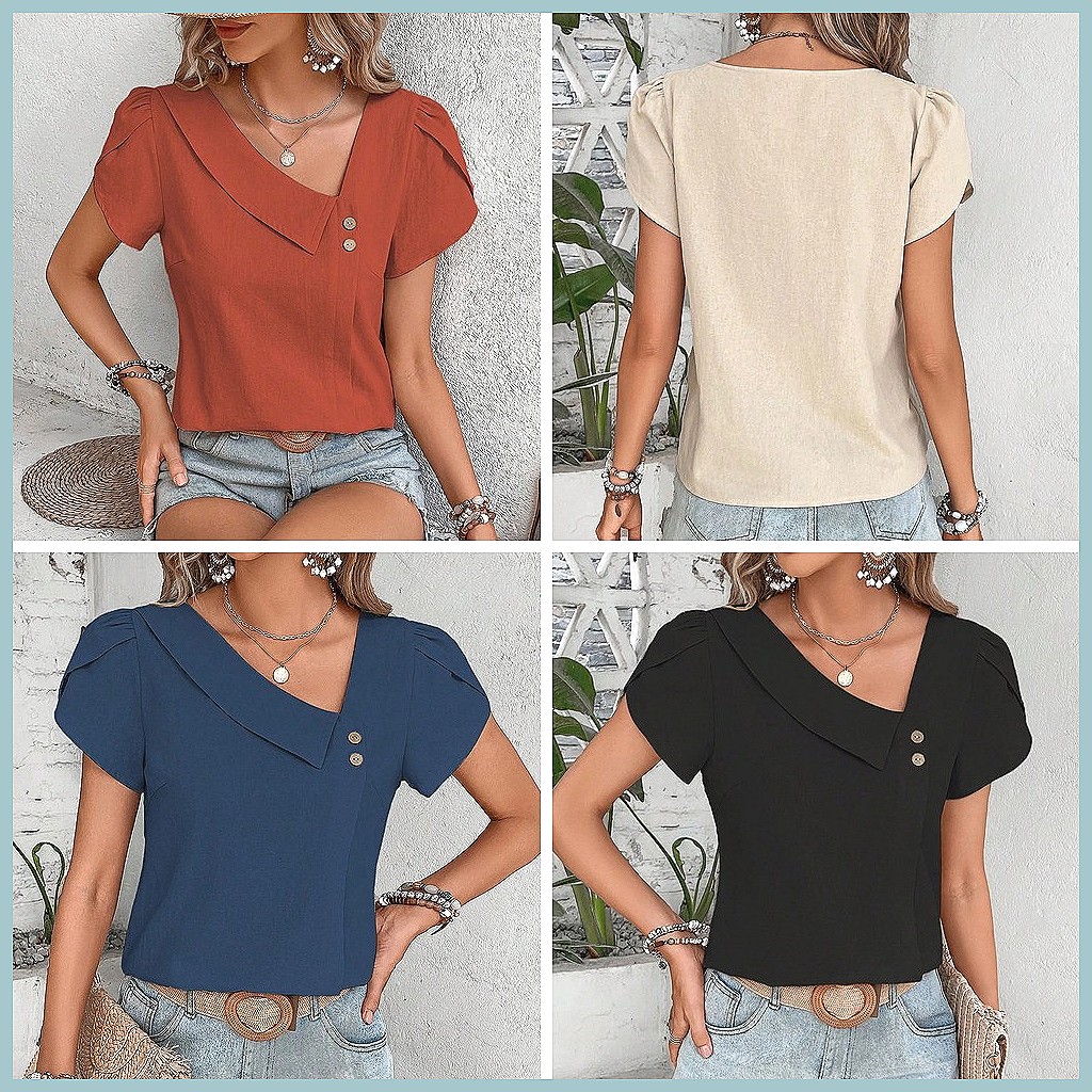 เสื้อเบลาส์สีพื้นสไตล์วินเทจสำ - Shirts บทวิจารณ์และราคา